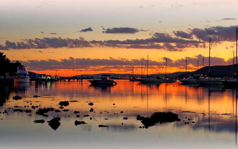 Boats in Harbor at Sunset — Orange, Serene