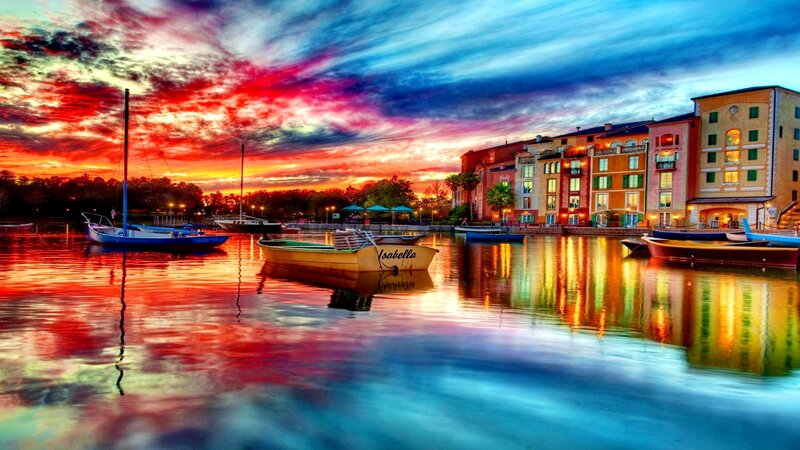 Boats in Harbor at Sunset — Red