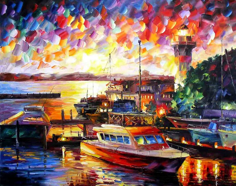 Boats in Harbor at Sunset — Yellow, Dramatic