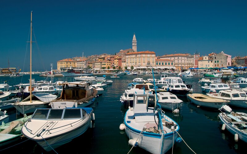 Boats in Harbor — Blue, Serene, Afternoon, Photograph, Buildings, Sailboat
