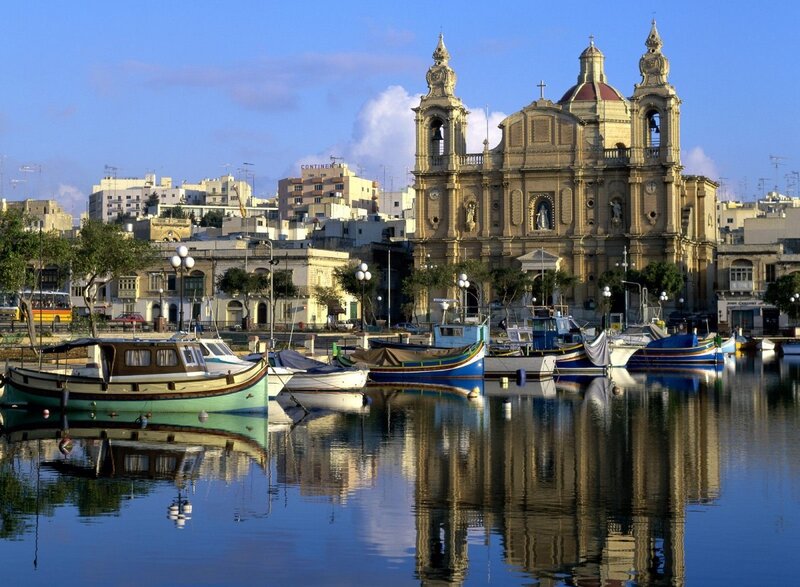Boats in Harbor with Church