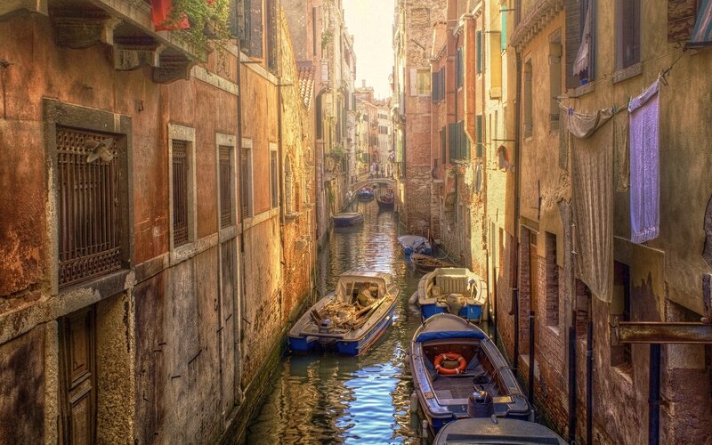 Boats in Venetian Canal — Brown
