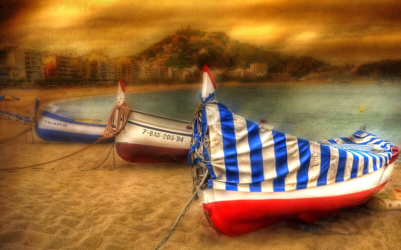 Boats on a Beach — Blue, Dramatic, Sunset