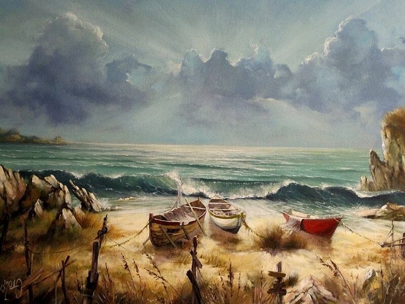 Boats on a Beach — Blue, Dramatic
