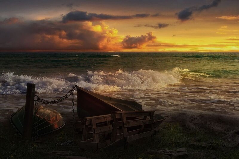 Boats on a Beach — Orange, Dramatic