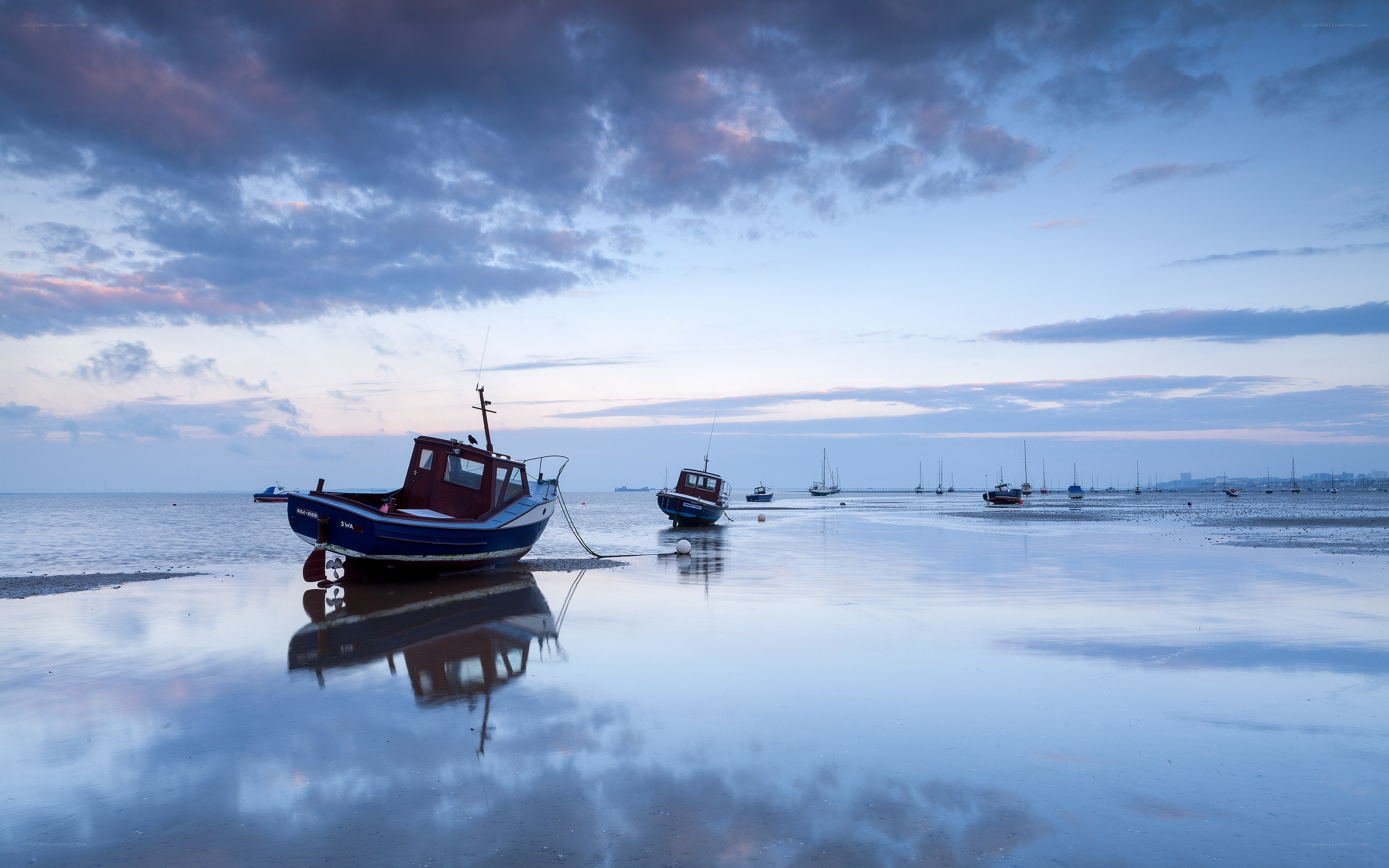 Boats on a calm beach at dusk