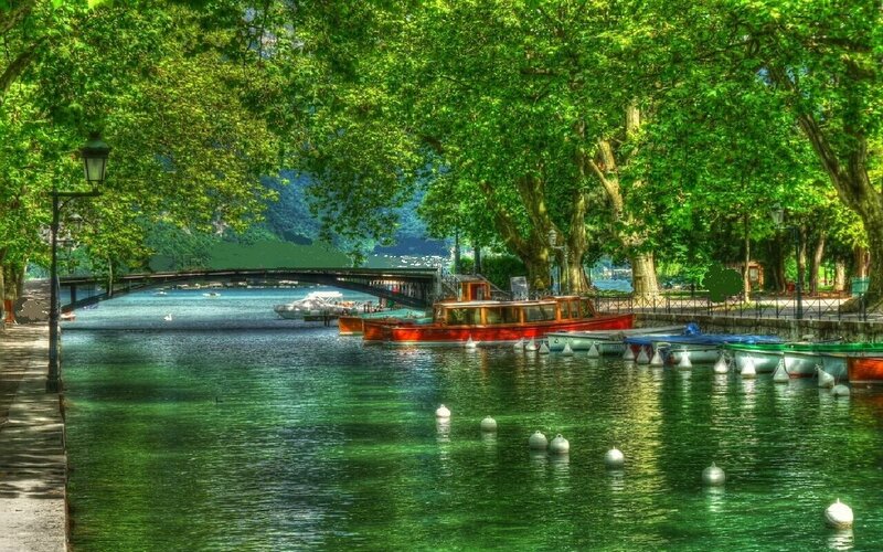Boats on a green river