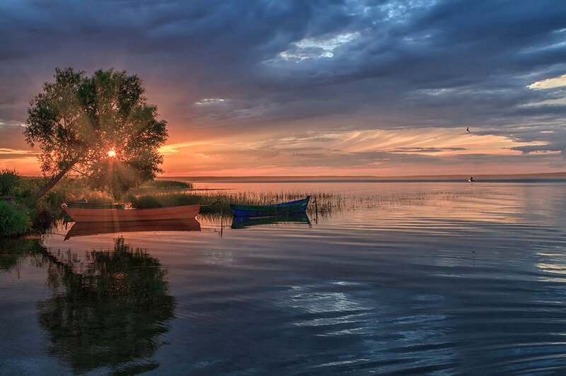 Boats on a Lake at Sunset — Blue, Serene