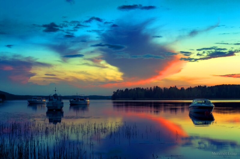 Boats on a Lake at Sunset — Blue