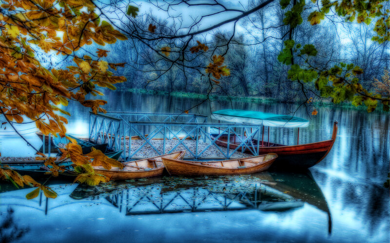 Boats on a Lake — Blue, Serene, Autumn