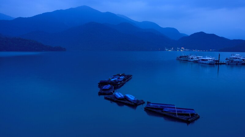 Boats on a Lake — Blue, Serene, Night