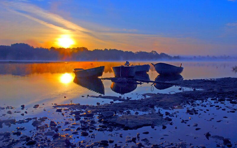 Boats on a Lake — Blue, Serene, Sunrise