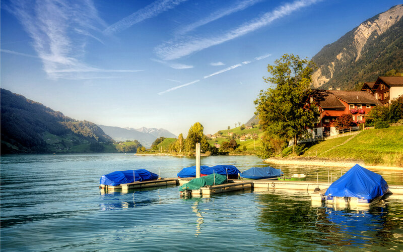 Boats on a Lake — Blue, Serene