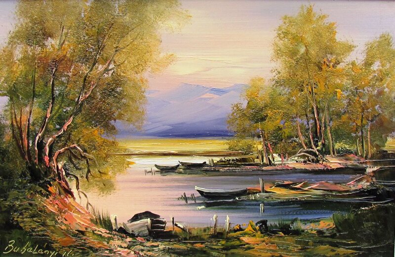 Boats on a Lake — Green, Serene, Sunset