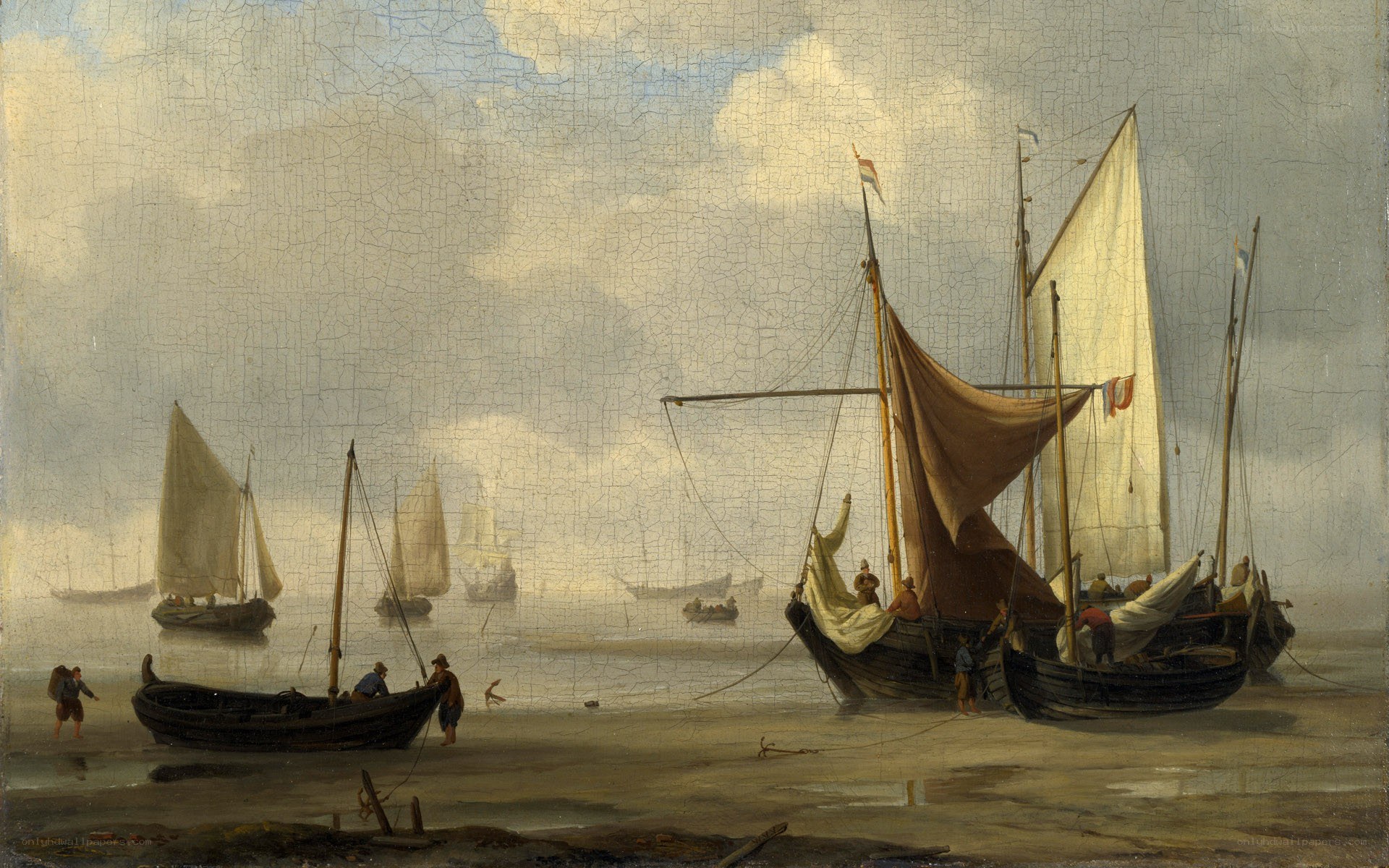 Boats on a misty shore