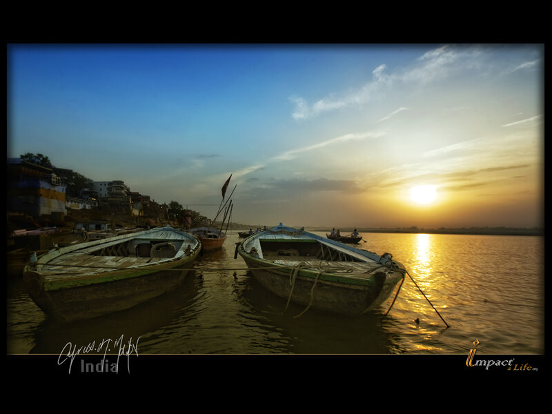 Boats on a River at Sunset — Blue