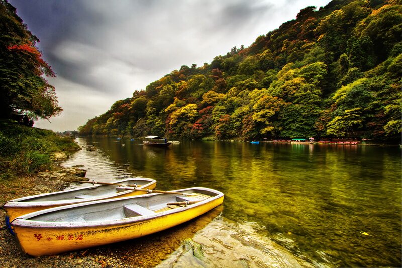 Boats on a river in autumn