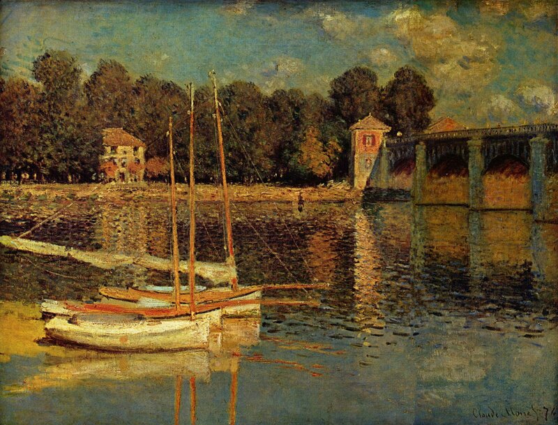 Boats on a River with Bridge