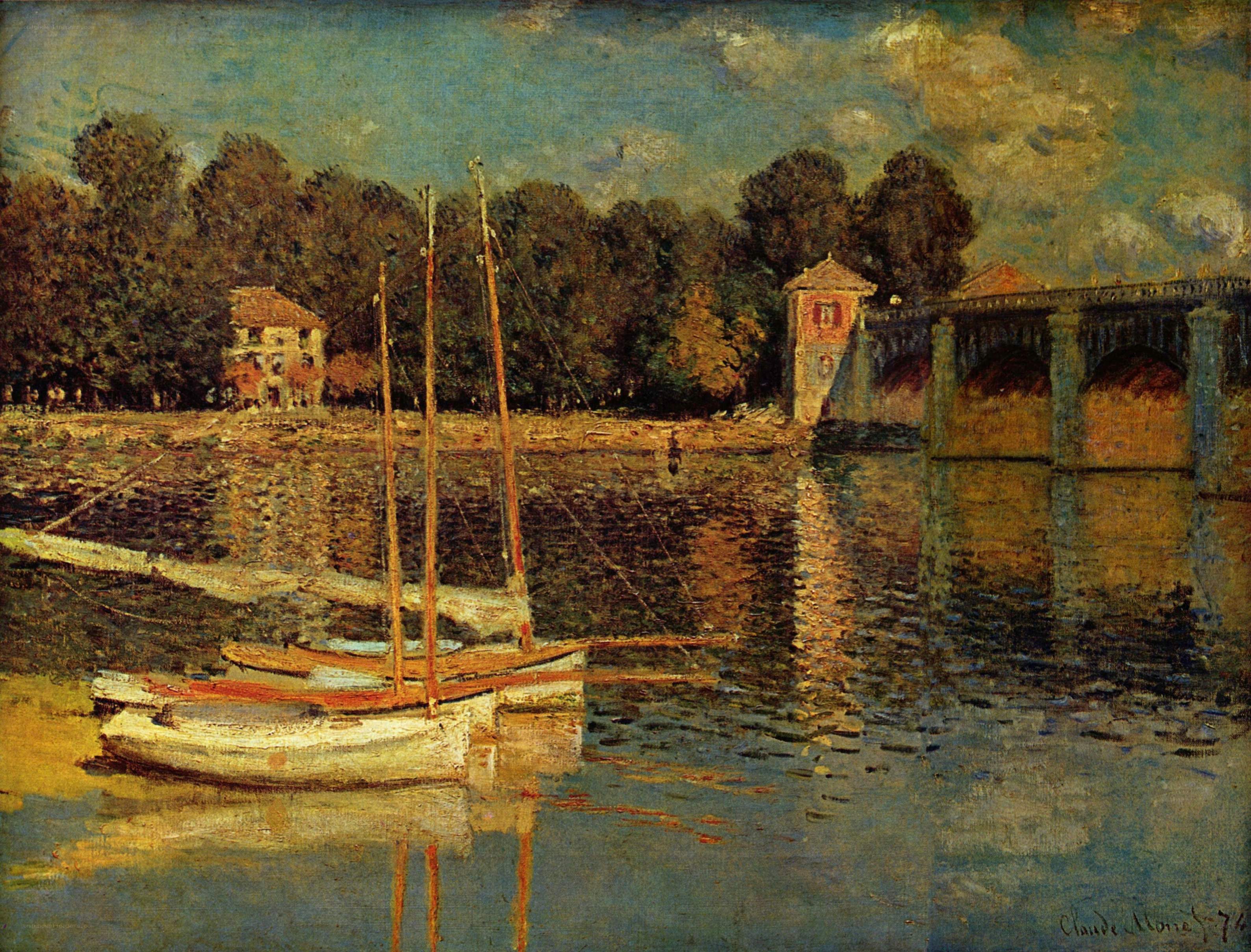 Boats on a River with Bridge