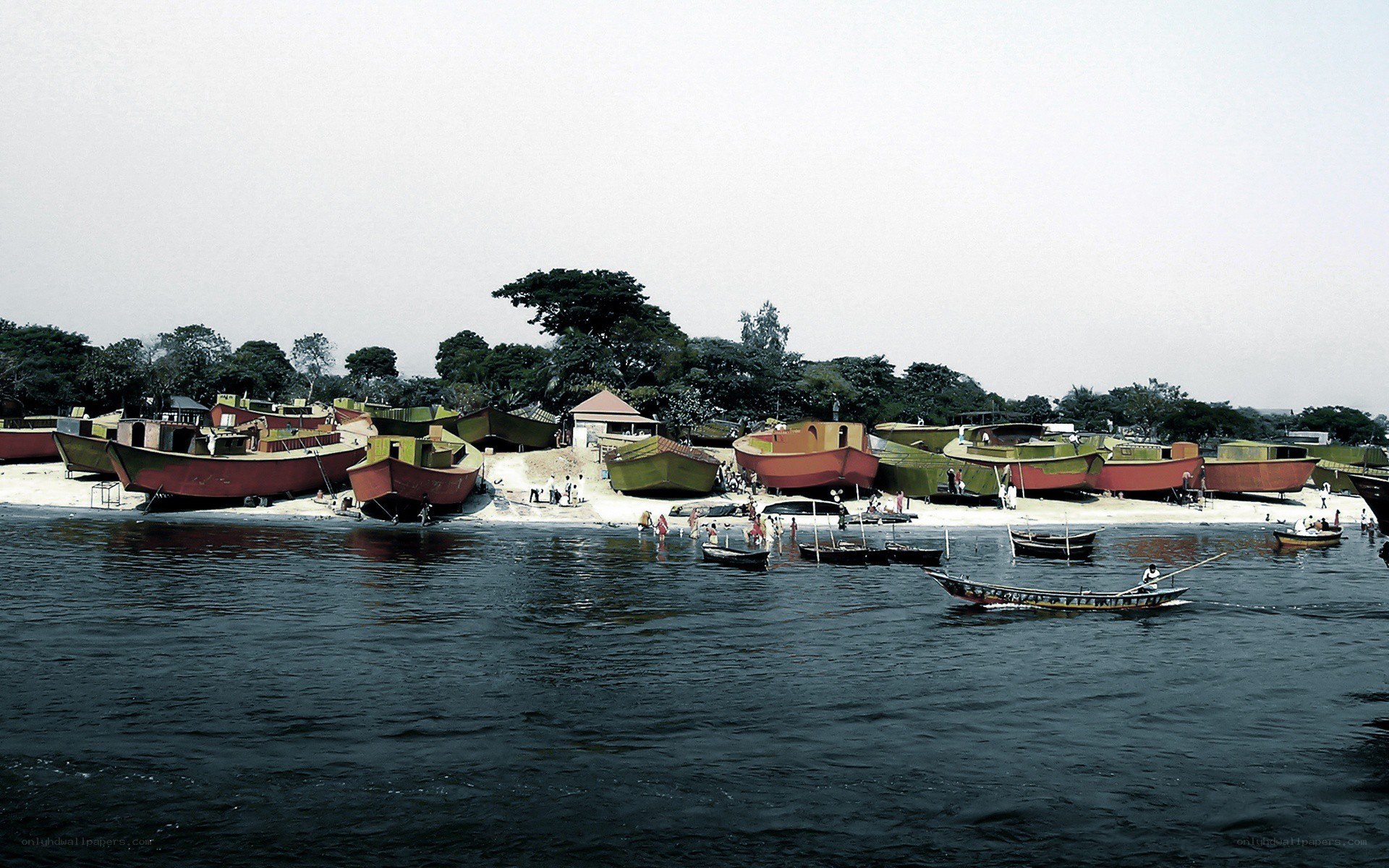 Boats on a riverbank