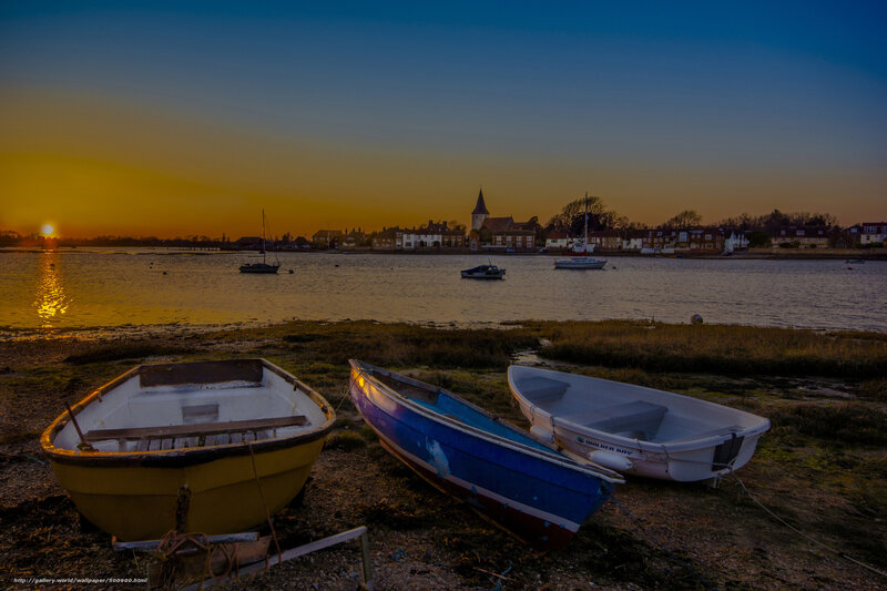 Boats on a Riverbank — Blue, Serene, Sunset