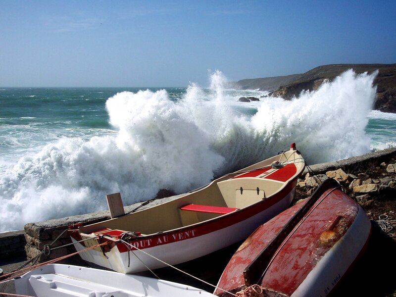 Boats on a stormy coast