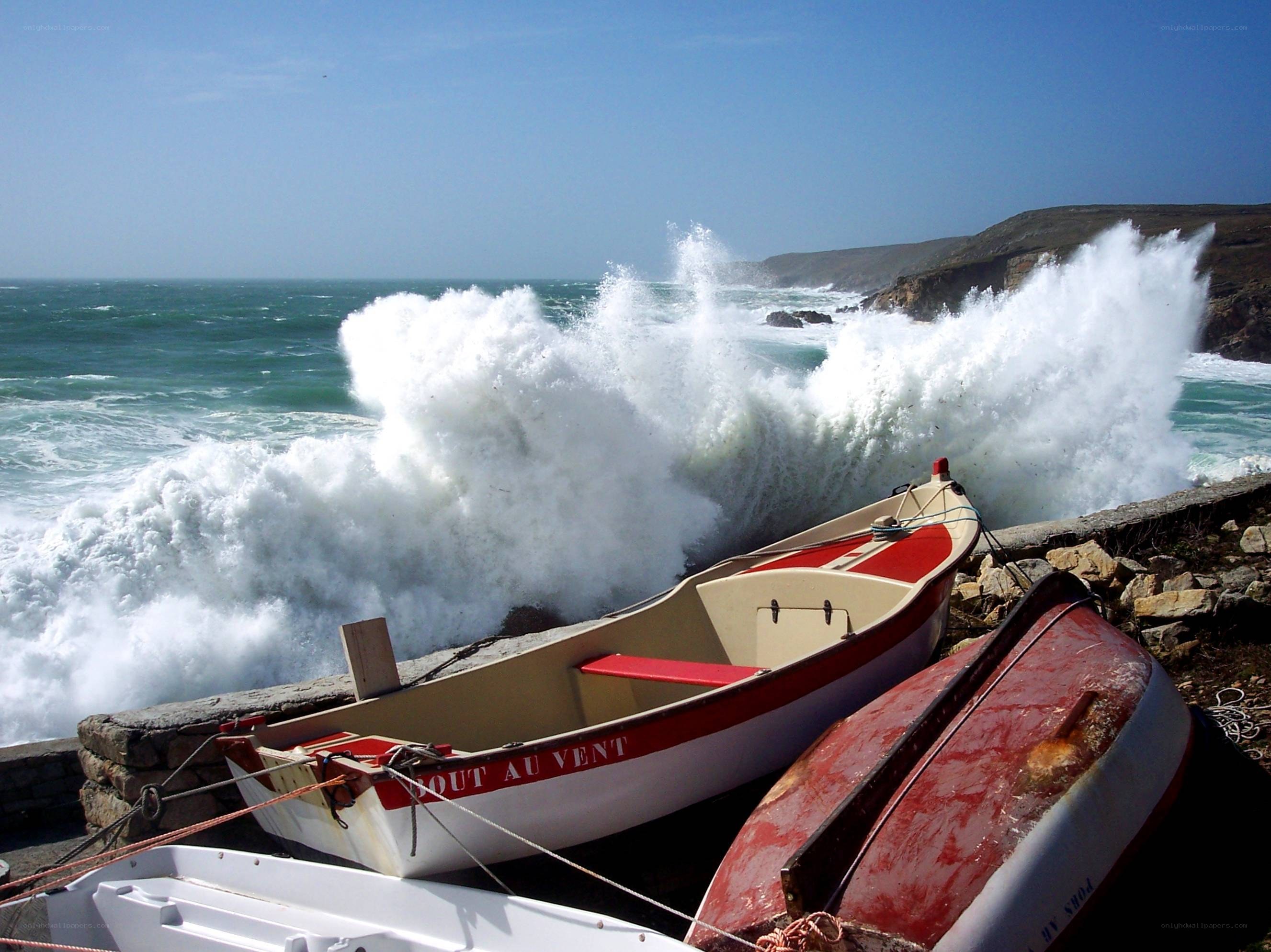 Boats on a stormy coast