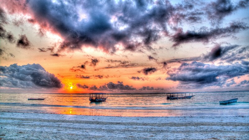 Boats on Beach at Sunset — Orange, Dramatic, Photograph
