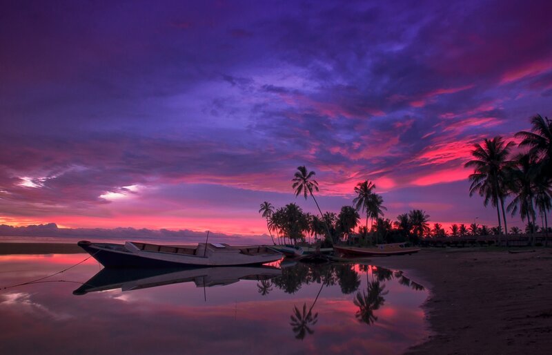 Boats on Beach at Sunset — Purple