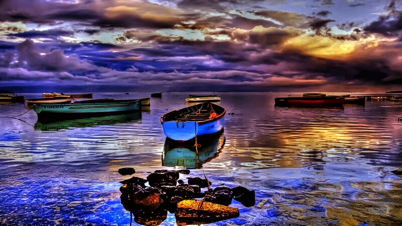 Boats on Calm Water — Blue, Dramatic, Sunset