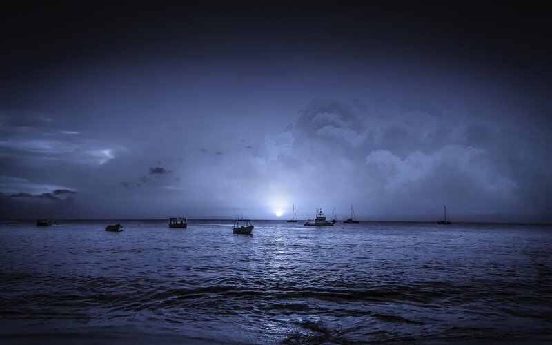 Boats on Calm Water — Blue, Night