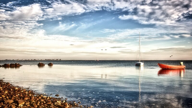 Boats on Calm Water — Blue, Serene, Sunset, Photograph