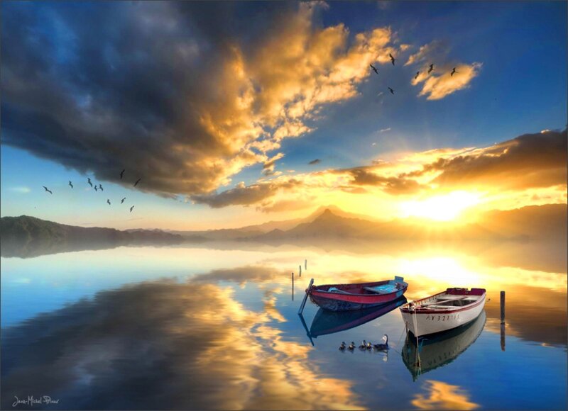 Boats on Calm Water — Blue, Serene, Sunset