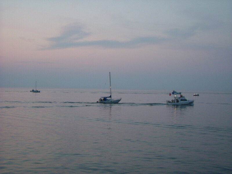 Boats on Calm Water — Blue, Sunset