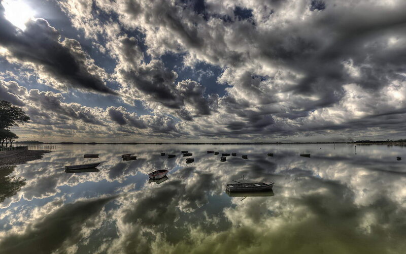 Boats on Calm Water — Gray, Dramatic, Afternoon, Photograph