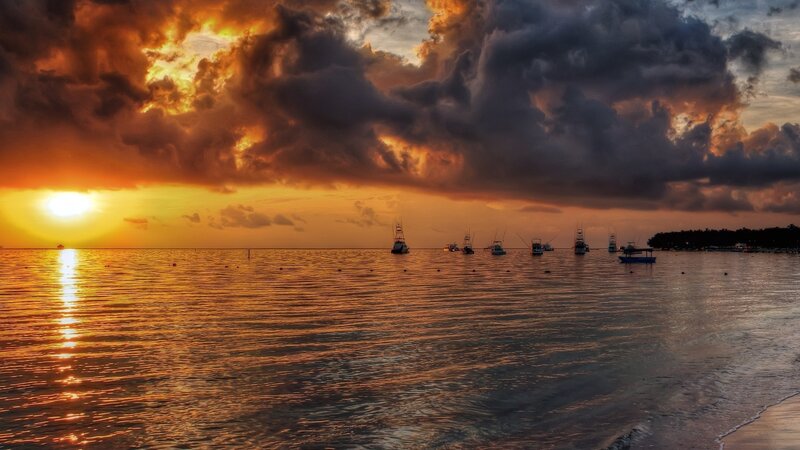 Boats on Calm Water — Orange, Dramatic, Sunset