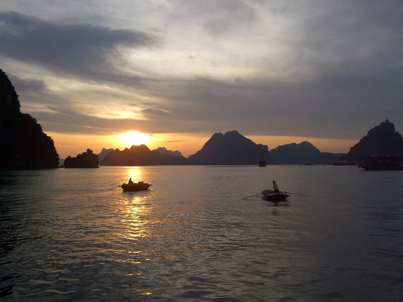 Boats on Calm Water — Orange, Serene, Sunset, Photograph