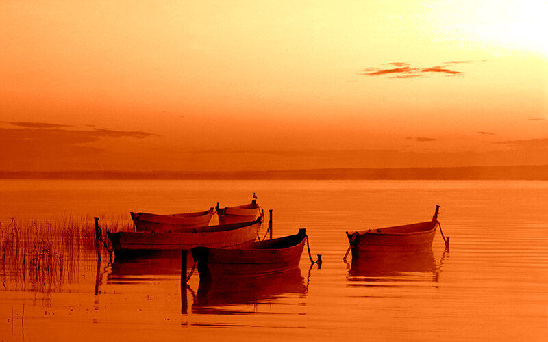 Boats on Calm Water — Orange, Serene