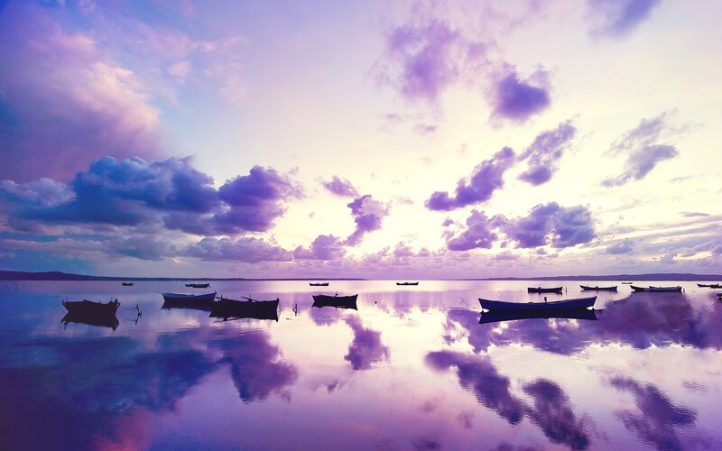 Boats on Calm Water — Purple, Serene, Sunset, Photograph, Clouds, Reflection