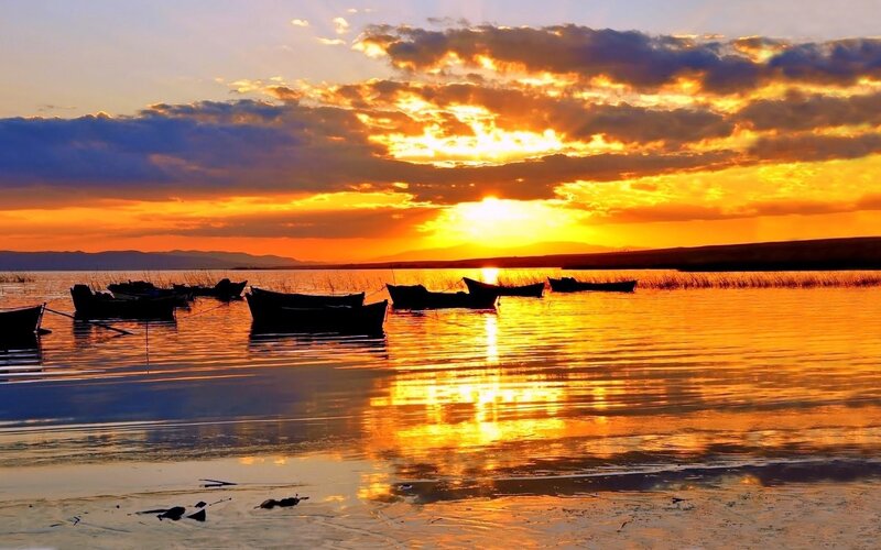 Boats on Lake at Sunset — Orange