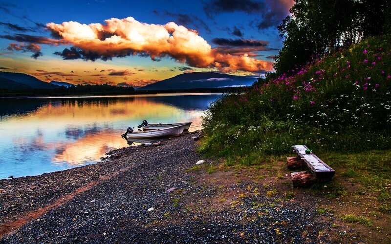 Boats on Lake Shore — Blue, Dramatic