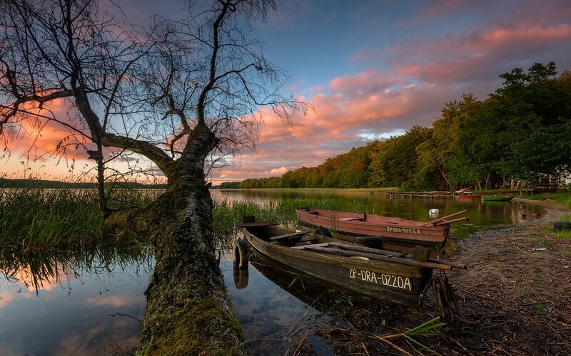 Boats on Lake Shore — Blue, Serene, Sunset, Photograph