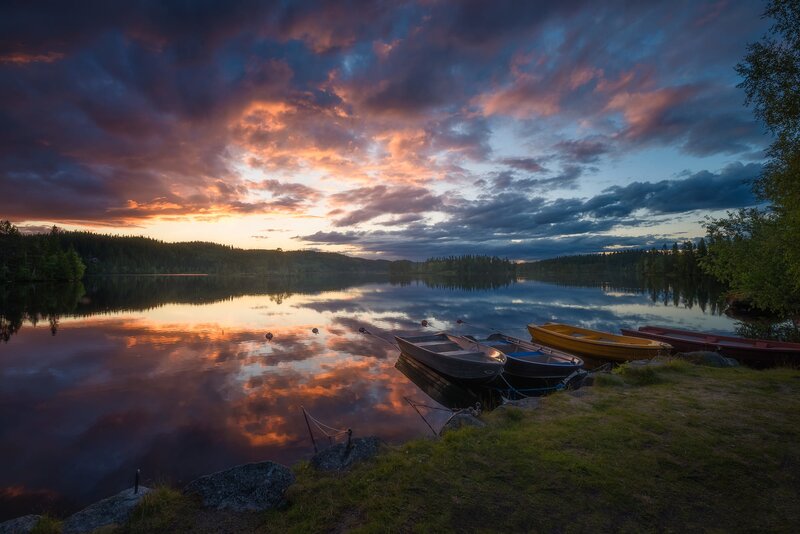 Boats on Lake Shore — Orange, Dramatic