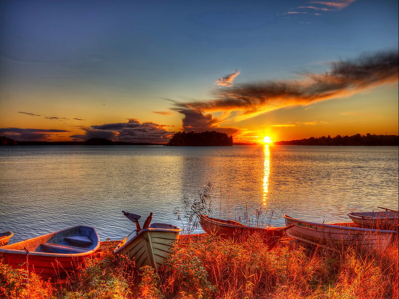 Boats on Lake Shore — Orange