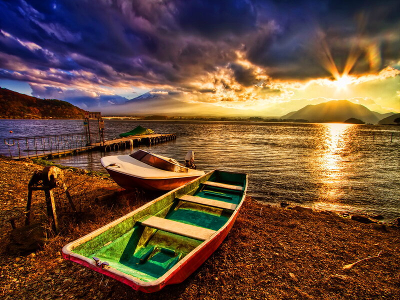 Boats on Lakeshore — Blue, Dramatic