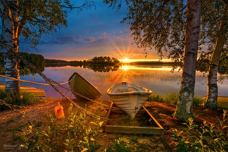 Boats on Lakeshore — Blue, Serene, Sunset