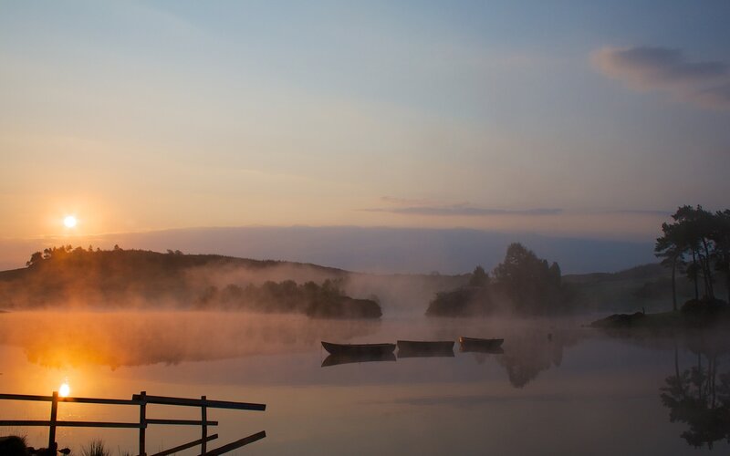 Boats on Misty Lake