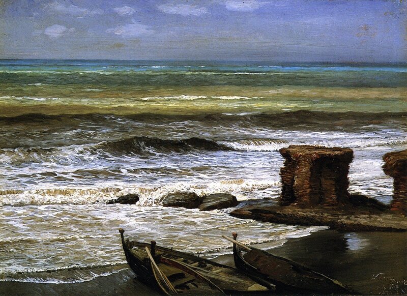 Boats on Rocky Shore — Blue