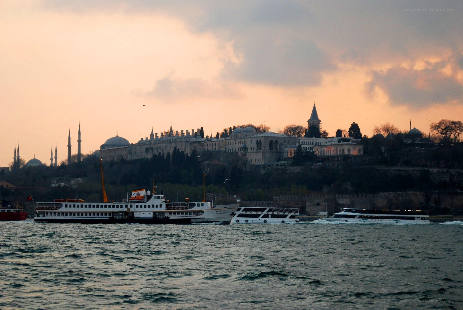 Boats on the Bosphorus at sunset