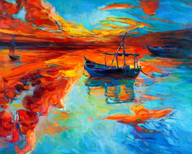 Boats on Water at Sunset — Blue